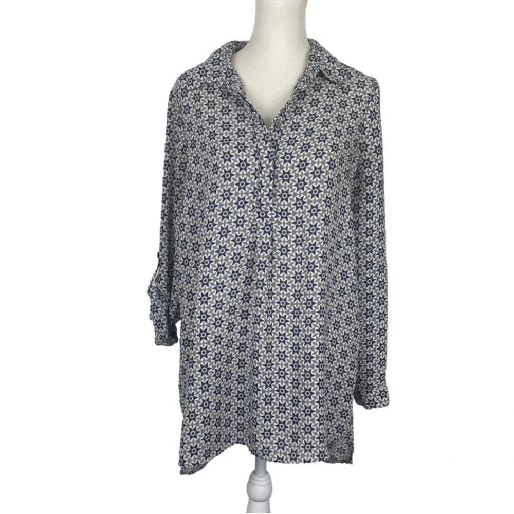 Prana Geometric Star Tunic Top Pullover Size Small White Gray Blue - Picture 5 of 11